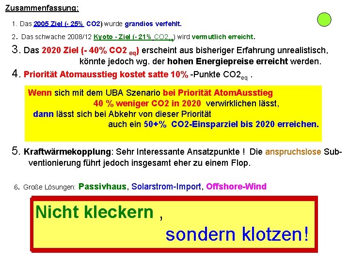 Zusammenfassung: 1. Das 2005 Ziel (- 25% CO 2) wurde grandios verfehlt. . 3.