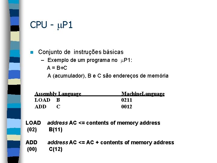 CPU - P 1 Conjunto de instruções básicas n – Exemplo de um programa