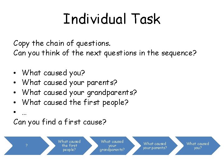 Individual Task Copy the chain of questions. Can you think of the next questions