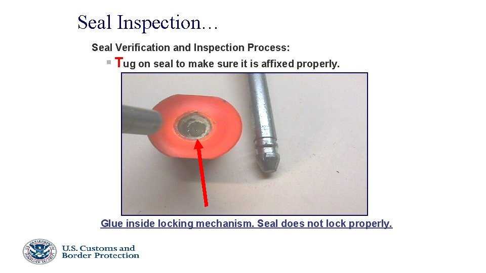 Seal Inspection… Seal Verification and Inspection Process: § Tug on seal to make sure