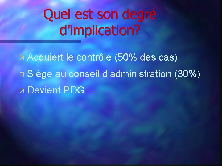 Quel est son degré d’implication? ä Acquiert le contrôle (50% des cas) ä Siège