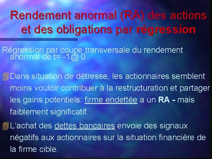 Rendement anormal (RA) des actions et des obligations par régression Régression par coupe transversale