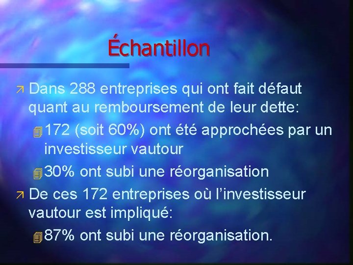 Échantillon Dans 288 entreprises qui ont fait défaut quant au remboursement de leur dette: