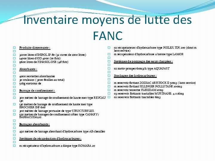 Inventaire moyens de lutte des FANC � � � � � � � Produits