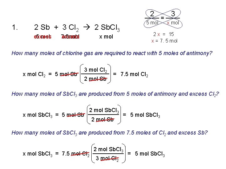 2 1. 5 mol 2 Sb + 3 Cl 2 2 Sb. Cl 3