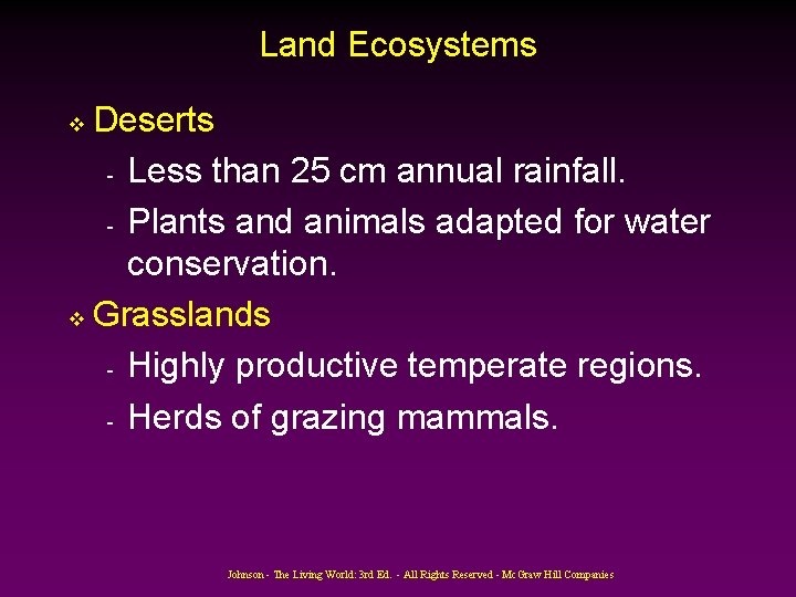 Land Ecosystems Deserts - Less than 25 cm annual rainfall. - Plants and animals