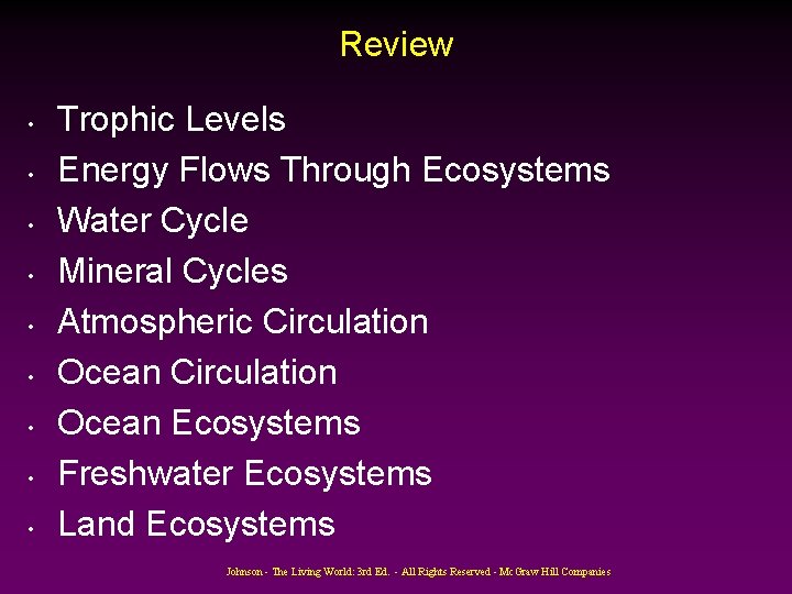 Review • • • Trophic Levels Energy Flows Through Ecosystems Water Cycle Mineral Cycles