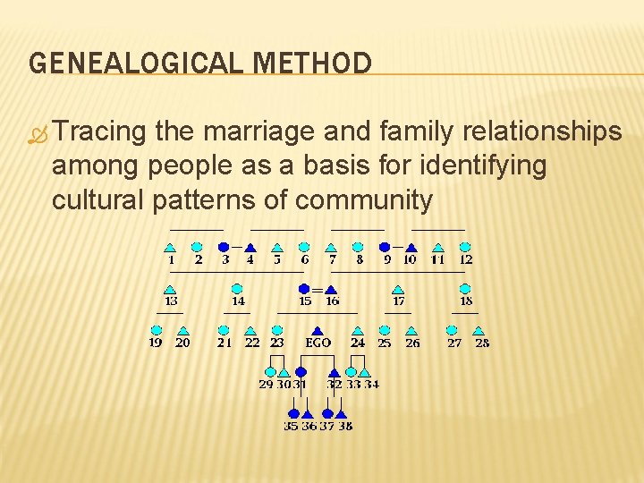 GENEALOGICAL METHOD Tracing the marriage and family relationships among people as a basis for