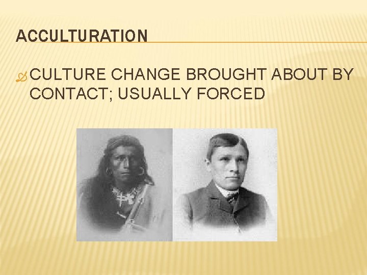 ACCULTURATION CULTURE CHANGE BROUGHT ABOUT BY CONTACT; USUALLY FORCED 