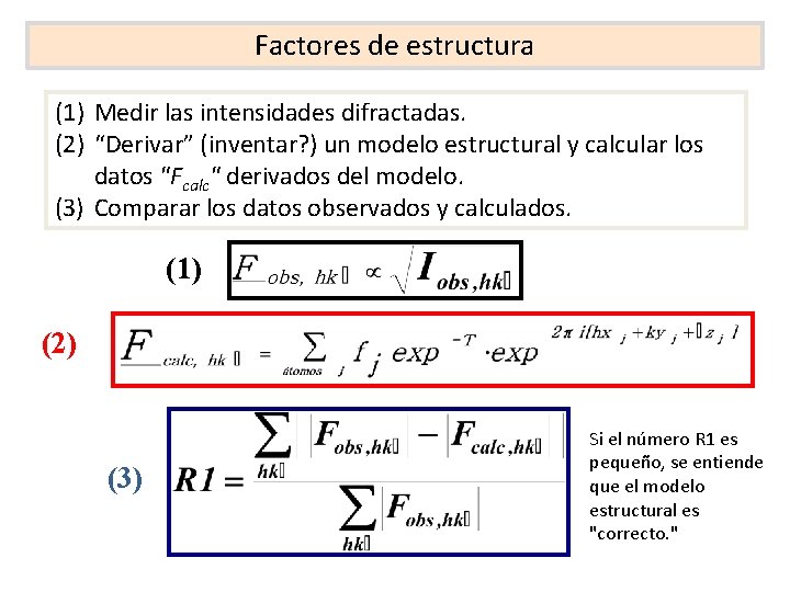 Factores de estructura (1) Medir las intensidades difractadas. (2) “Derivar” (inventar? ) un modelo