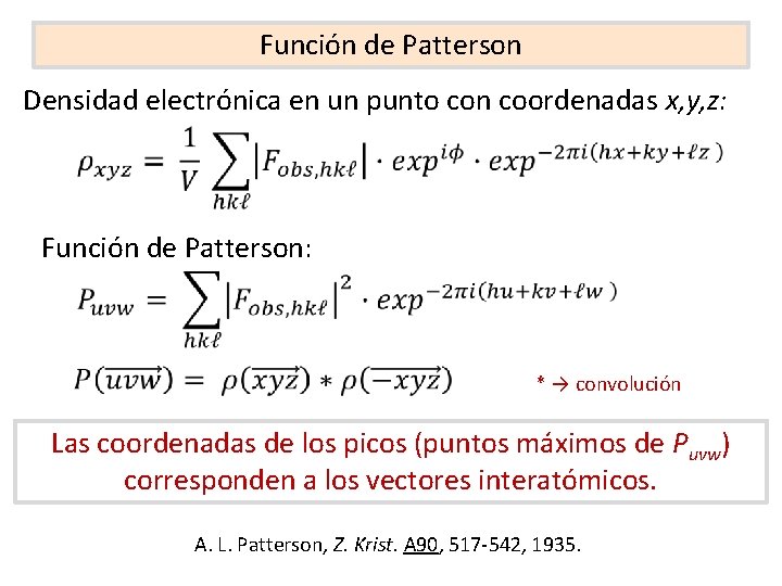 Función de Patterson Densidad electrónica en un punto con coordenadas x, y, z: Función