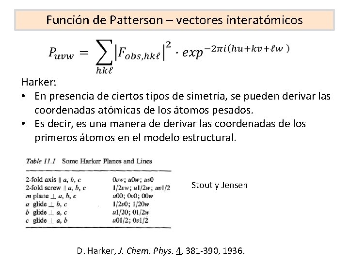 Función de Patterson – vectores interatómicos Harker: • En presencia de ciertos tipos de