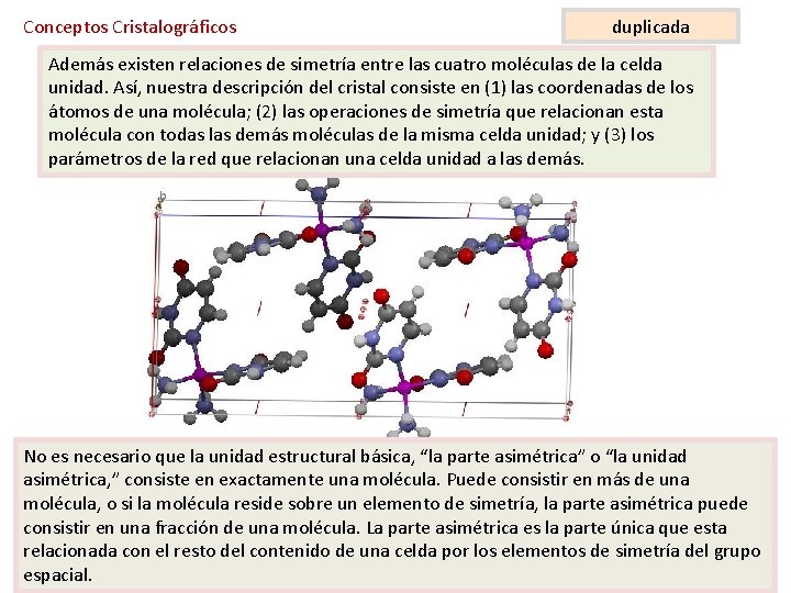 Conceptos Cristalográficos duplicada Además existen relaciones de simetría entre las cuatro moléculas de la