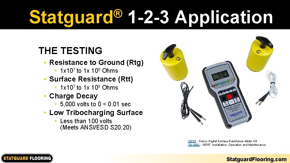 ® Statguard 1 -2 -3 Application THE TESTING • Resistance to Ground (Rtg) • ® Statguard 1 -2 -3 Application THE TESTING • Resistance to Ground (Rtg) •
