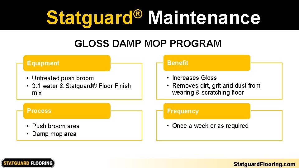 ® Statguard Maintenance GLOSS DAMP MOP PROGRAM Equipment Benefit • Untreated push broom •