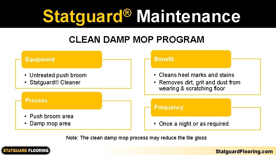 ® Statguard Maintenance CLEAN DAMP MOP PROGRAM Equipment Benefit • Untreated push broom •