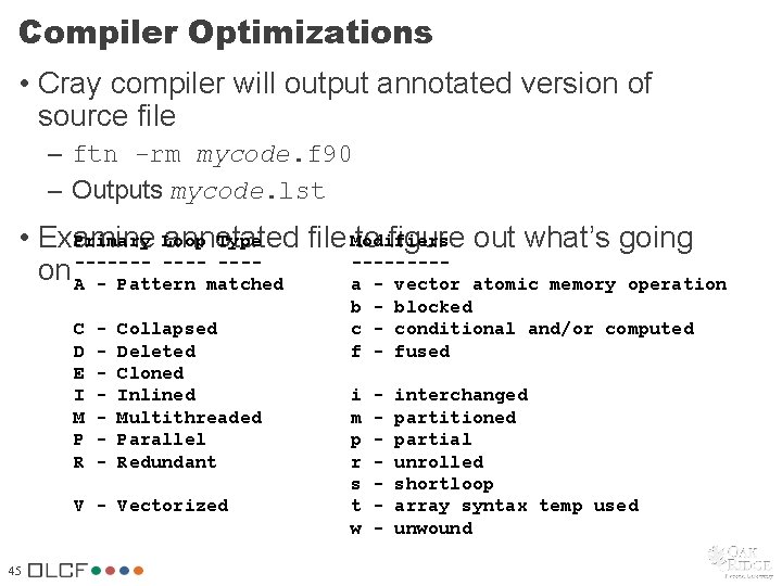 Compiler Optimizations • Cray compiler will output annotated version of source file – ftn Compiler Optimizations • Cray compiler will output annotated version of source file – ftn