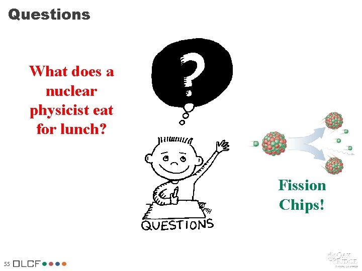 Questions What does a nuclear physicist eat for lunch? Fission Chips! 55 Questions What does a nuclear physicist eat for lunch? Fission Chips! 55