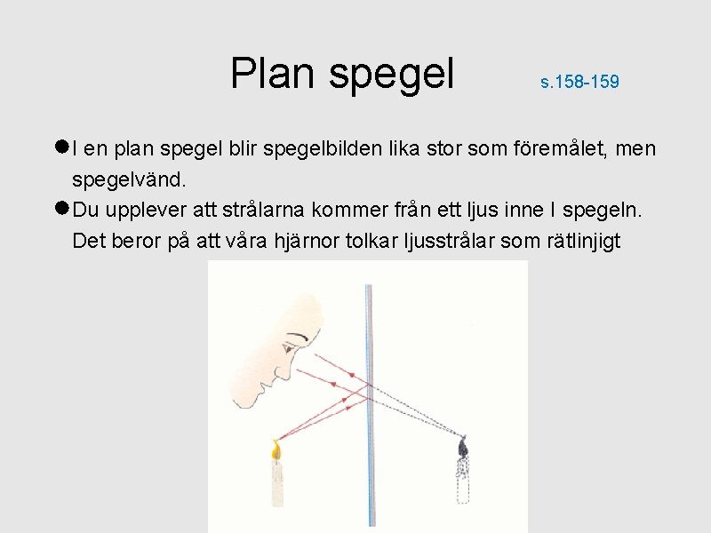 Plan spegel s. 158 -159 ●I en plan spegel blir spegelbilden lika stor som