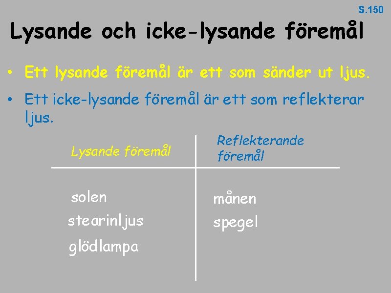 S. 150 Lysande och icke-lysande föremål • Ett lysande föremål är ett som sänder