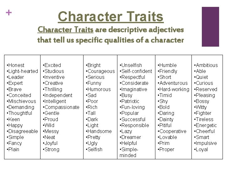 + Character Traits are descriptive adjectives that tell us specific qualities of a character