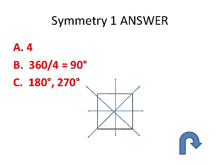Symmetry 1 ANSWER A. 4 B. 360/4 = 90° C. 180°, 270° 