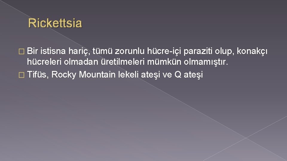 Rickettsia � Bir istisna hariç, tümü zorunlu hücre-içi paraziti olup, konakçı hücreleri olmadan üretilmeleri