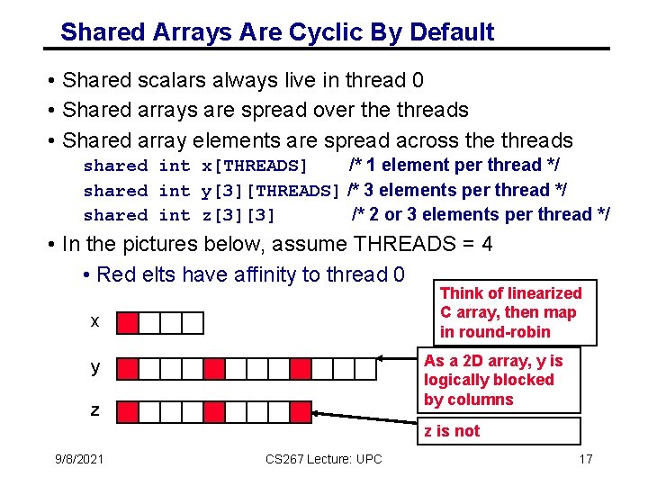Shared Arrays Are Cyclic By Default • Shared scalars always live in thread 0