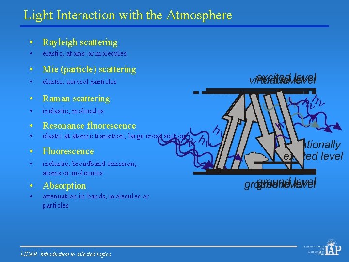 Light Interaction with the Atmosphere • Rayleigh scattering • elastic; atoms or molecules •