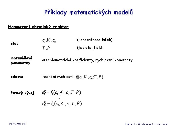 Příklady matematických modelů Homogenní chemický reaktor (koncentrace látek) stav (teplota, tlak) materiálové parametry stechiometrické