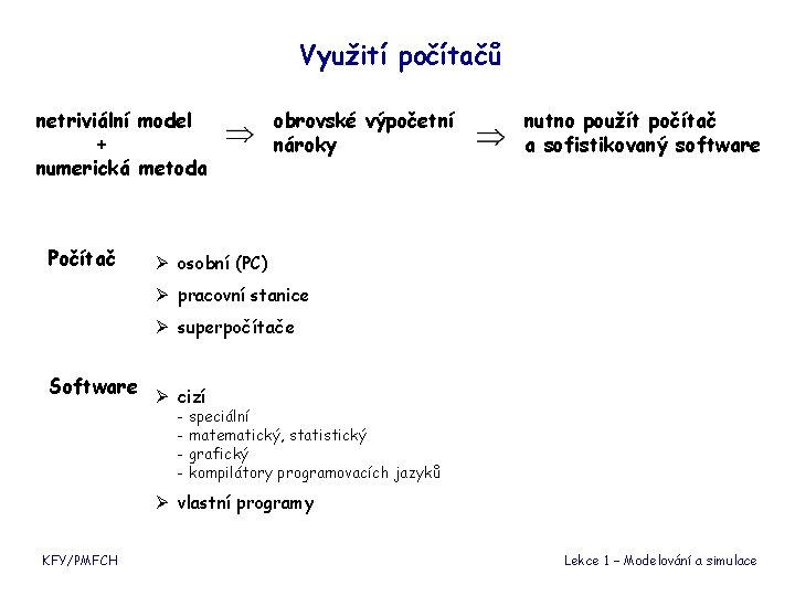 Využití počítačů netriviální model + numerická metoda Počítač obrovské výpočetní nároky nutno použít počítač