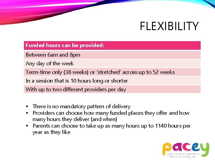 FLEXIBILITY Funded hours can be provided: Between 6 am and 8 pm Any day