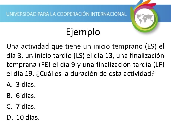 Ejemplo Una actividad que tiene un inicio temprano (ES) el día 3, un inicio