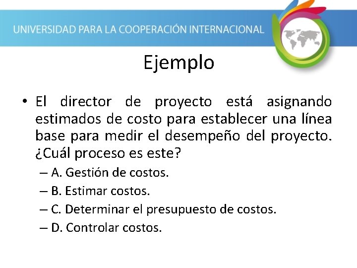 Ejemplo • El director de proyecto está asignando estimados de costo para establecer una