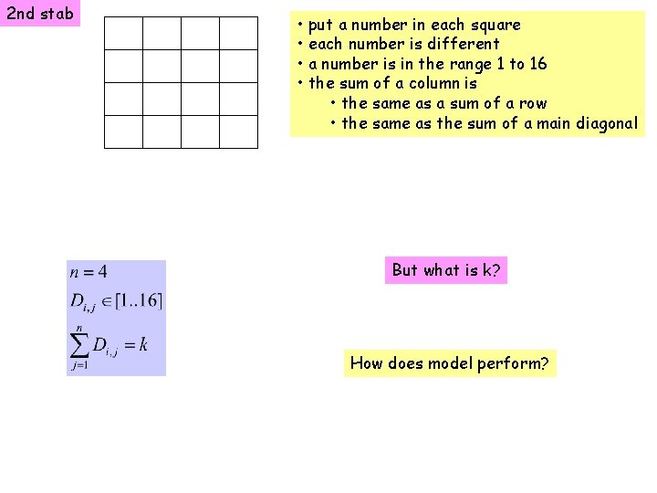 2 nd stab • put a number in each square • each number is