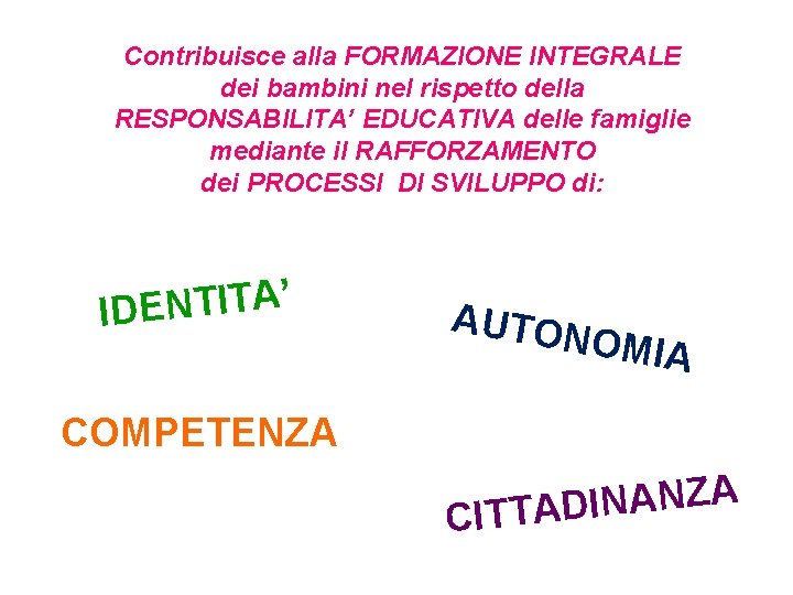 Contribuisce alla FORMAZIONE INTEGRALE dei bambini nel rispetto della RESPONSABILITA’ EDUCATIVA delle famiglie mediante