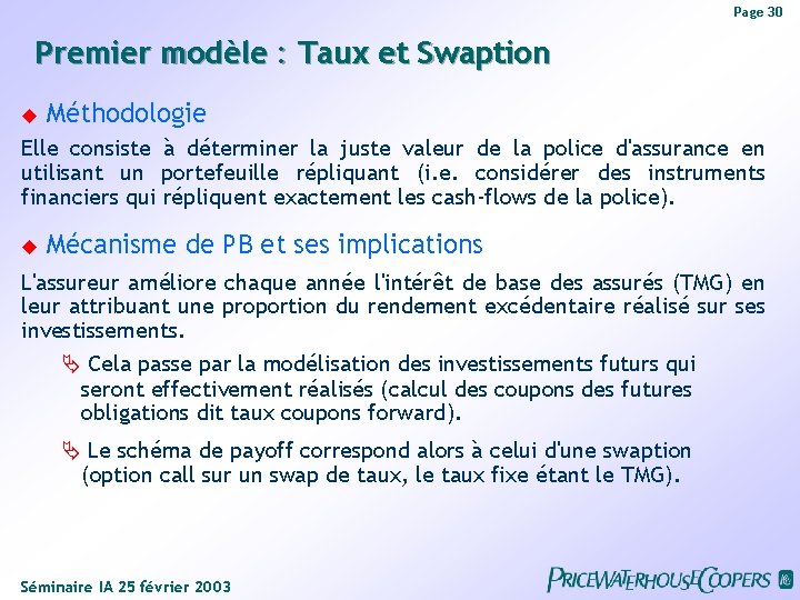 Page 30 Premier modèle : Taux et Swaption Méthodologie Elle consiste à déterminer la