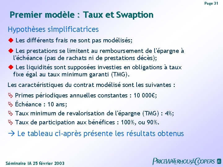 Page 31 Premier modèle : Taux et Swaption Hypothèses simplificatrices Les différents frais ne