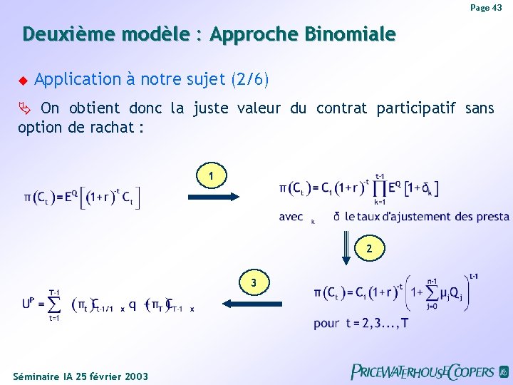 Page 43 Deuxième modèle : Approche Binomiale Application à notre sujet (2/6) On obtient