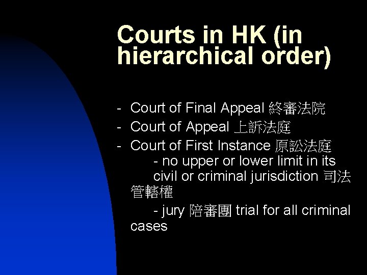 Courts in HK (in hierarchical order) - Court of Final Appeal 終審法院 - Court