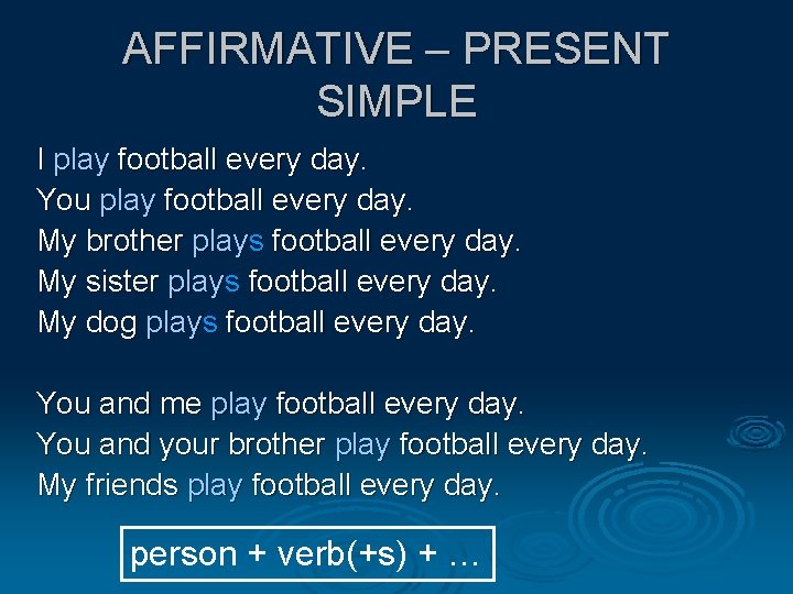 AFFIRMATIVE – PRESENT SIMPLE I play football every day. You play football every day.