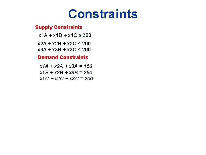 Constraints Supply Constraints x 1 A + x 1 B + x 1 C