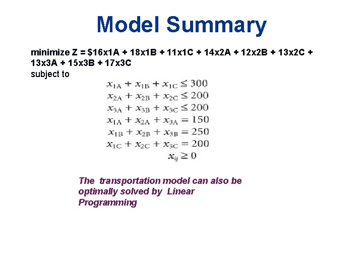 Model Summary minimize Z = $16 x 1 A + 18 x 1 B