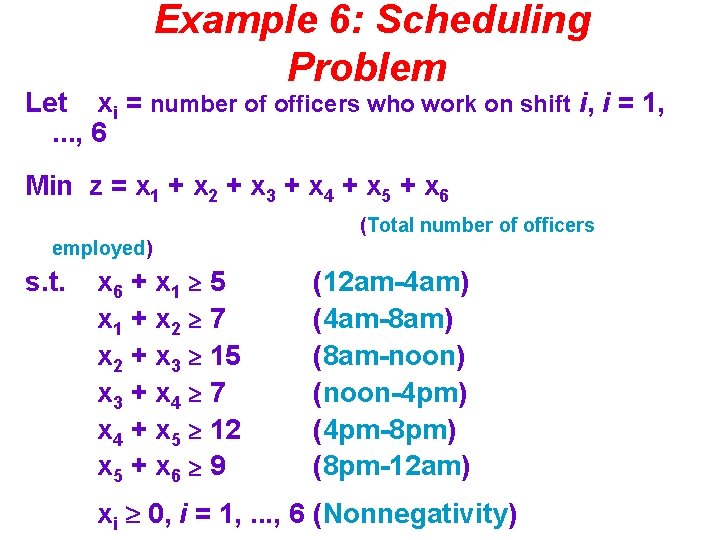 Example 6: Scheduling Problem Let xi = number of officers who work on shift