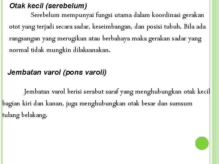 Otak kecil (serebelum) Serebelum mempunyai fungsi utama dalam koordinasi gerakan otot yang terjadi secara