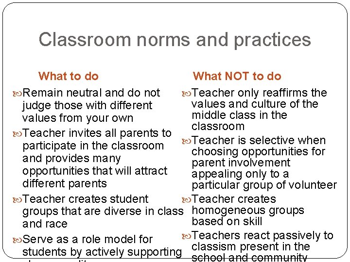 Classroom norms and practices What to do What NOT to do Remain neutral and