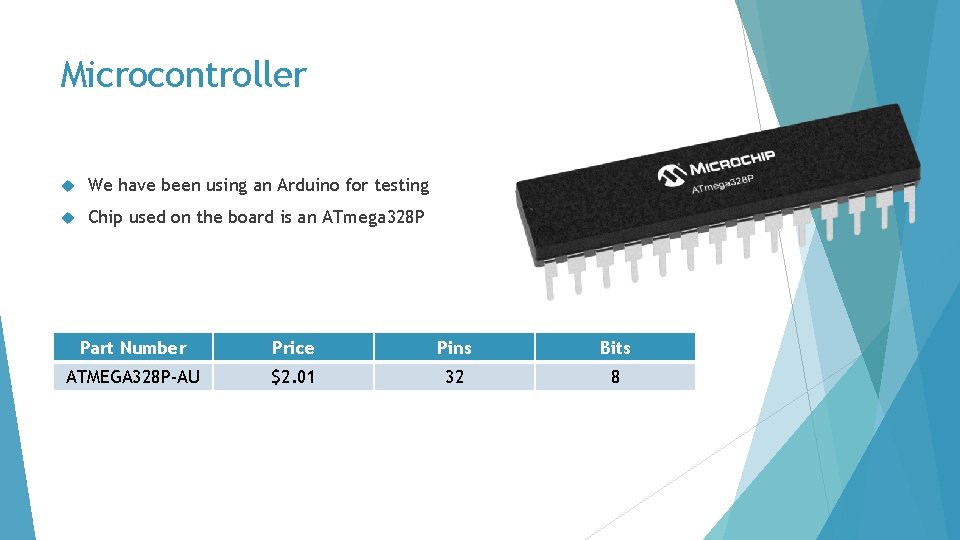 Microcontroller We have been using an Arduino for testing Chip used on the board