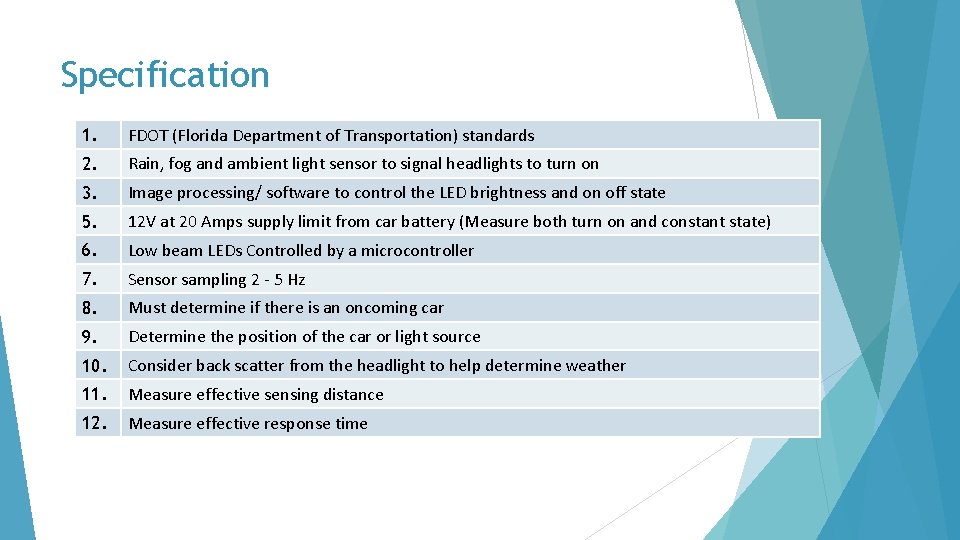 Specification 1. FDOT (Florida Department of Transportation) standards 2. Rain, fog and ambient light