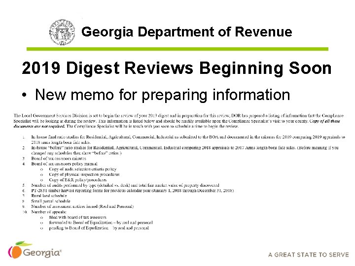 Georgia Department of Revenue 2019 Digest Reviews Beginning Soon • New memo for preparing