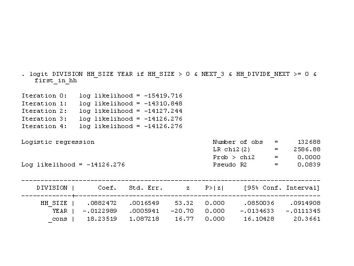 . logit DIVISION HH_SIZE YEAR if HH_SIZE > 0 & NEXT_3 & HH_DIVIDE_NEXT >=